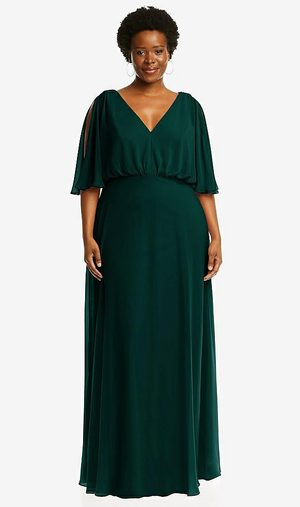 Front View - Evergreen V-Neck Split Sleeve Blouson Bodice Maxi Dress