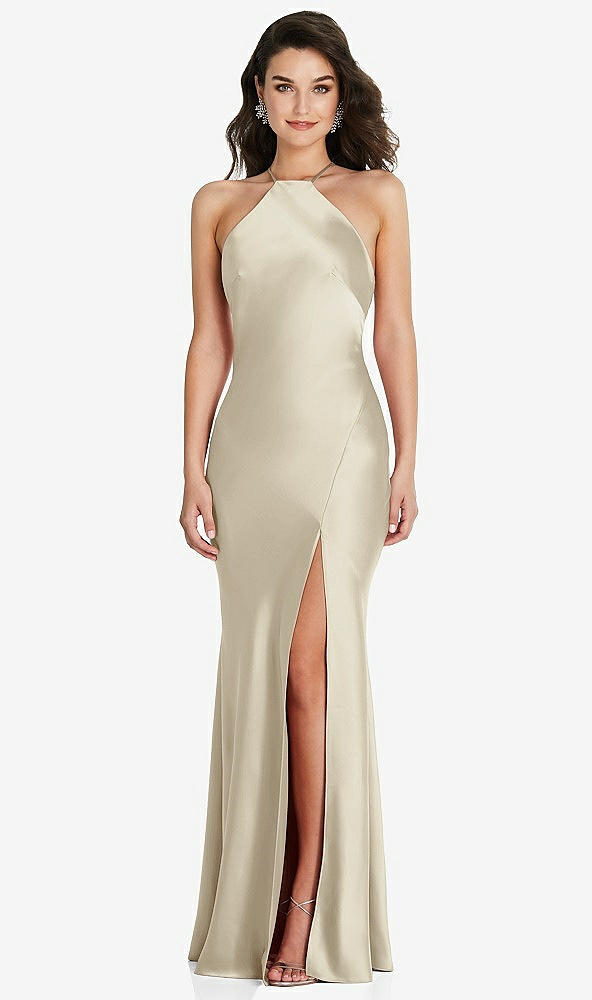 Front View - Champagne Halter Convertible Strap Bias Slip Dress With Front Slit
