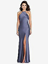 Front View Thumbnail - French Blue Halter Convertible Strap Bias Slip Dress With Front Slit