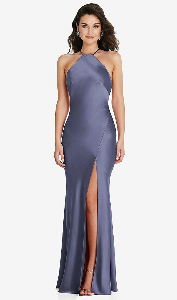 Front View - French Blue Halter Convertible Strap Bias Slip Dress With Front Slit