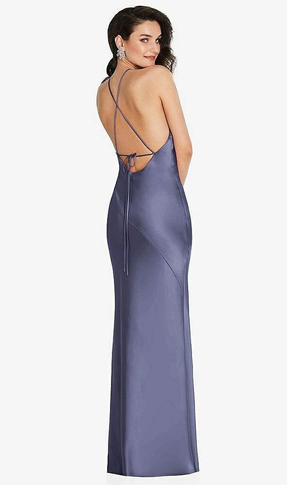 Back View - French Blue Halter Convertible Strap Bias Slip Dress With Front Slit