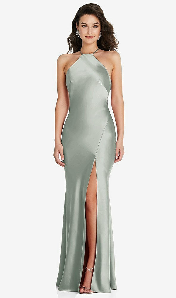Front View - Willow Green Halter Convertible Strap Bias Slip Dress With Front Slit