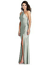 Side View Thumbnail - Willow Green Halter Convertible Strap Bias Slip Dress With Front Slit