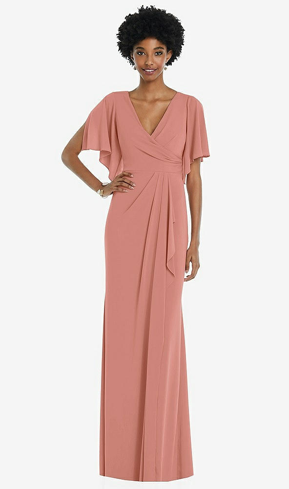Front View - Desert Rose Faux Wrap Split Sleeve Maxi Dress with Cascade Skirt