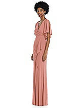 Side View Thumbnail - Desert Rose Faux Wrap Split Sleeve Maxi Dress with Cascade Skirt