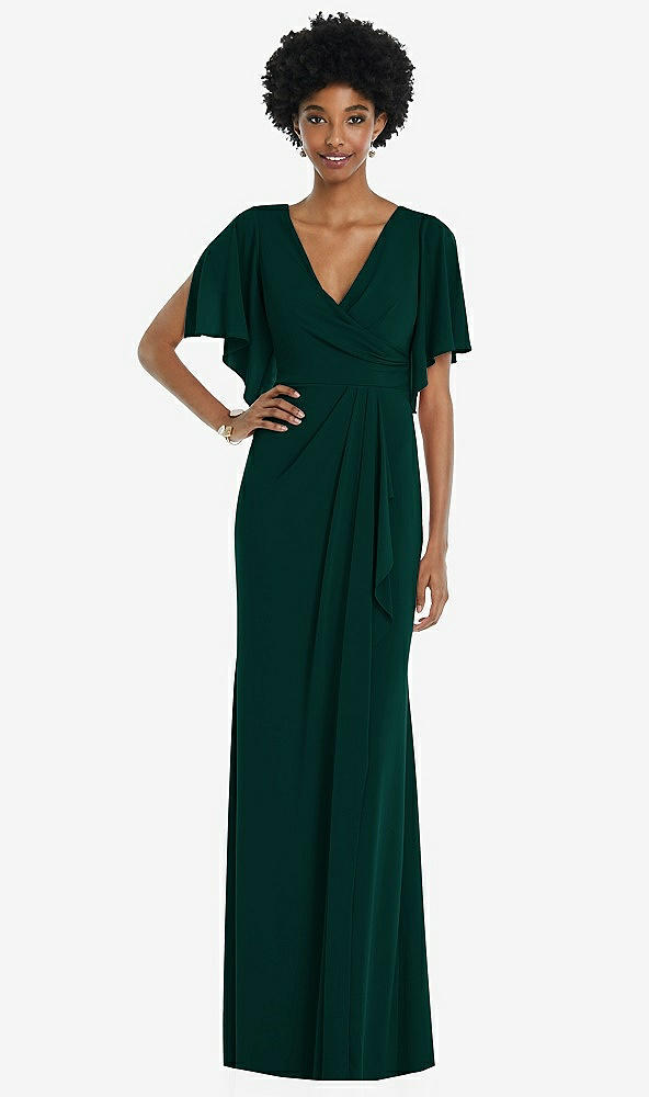Front View - Evergreen Faux Wrap Split Sleeve Maxi Dress with Cascade Skirt
