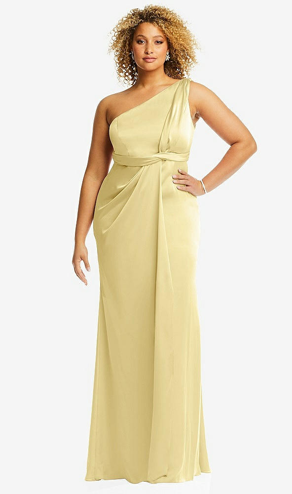Front View - Pale Yellow One-Shoulder Draped Twist Empire Waist Trumpet Gown