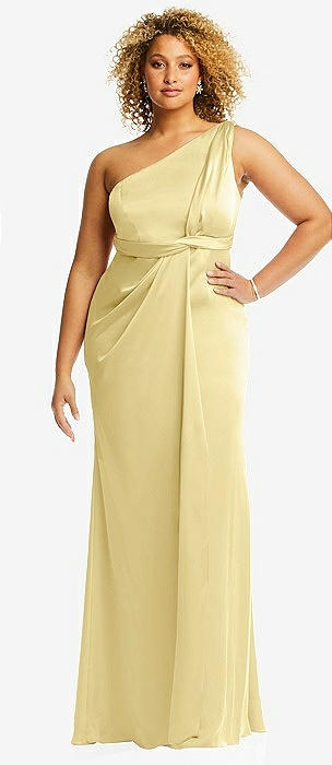 One-Shoulder Draped Twist Empire Waist Trumpet Gown