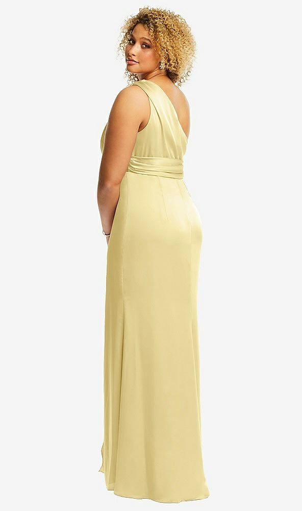 Back View - Pale Yellow One-Shoulder Draped Twist Empire Waist Trumpet Gown