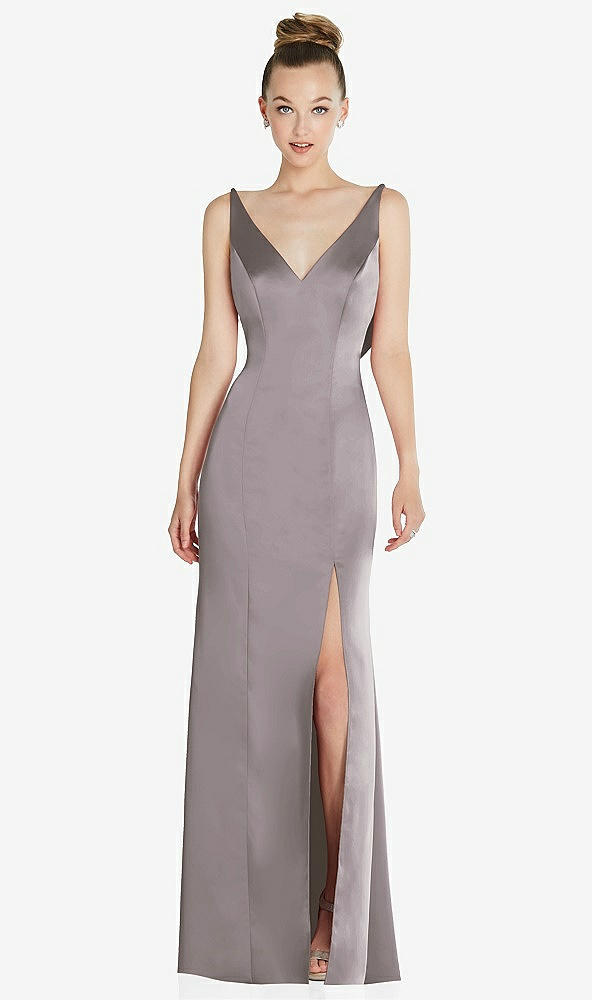Back View - Cashmere Gray Draped Cowl-Back Princess Line Dress with Front Slit