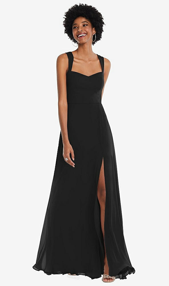 Front View - Black Contoured Wide Strap Sweetheart Maxi Dress