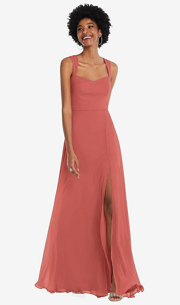 Front View - Coral Pink Contoured Wide Strap Sweetheart Maxi Dress