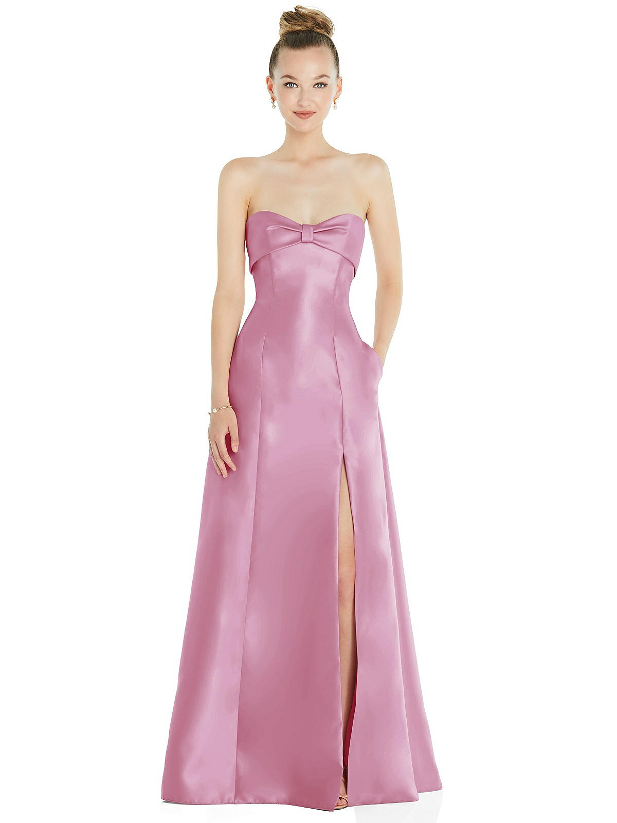 Bow Cuff Strapless Satin Ball Bridesmaid Dress With Pockets In Powder ...