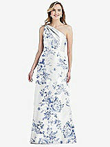 Front View Thumbnail - Cottage Rose Larkspur Pleated Draped One-Shoulder Floral Satin Gown with Pockets
