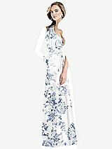 Side View Thumbnail - Cottage Rose Larkspur Pleated Draped One-Shoulder Floral Satin Gown with Pockets