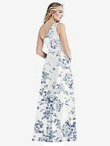Rear View Thumbnail - Cottage Rose Larkspur Pleated Draped One-Shoulder Floral Satin Gown with Pockets