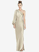 Front View Thumbnail - Champagne One-Shoulder Puff Sleeve Maxi Bias Dress with Side Slit