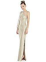 Side View Thumbnail - Champagne One-Shoulder Puff Sleeve Maxi Bias Dress with Side Slit