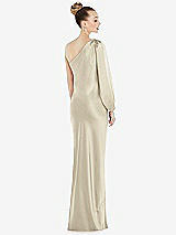 Rear View Thumbnail - Champagne One-Shoulder Puff Sleeve Maxi Bias Dress with Side Slit