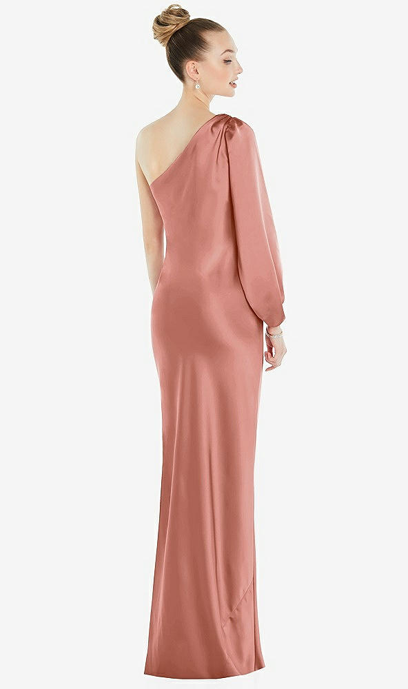 Back View - Desert Rose One-Shoulder Puff Sleeve Maxi Bias Dress with Side Slit