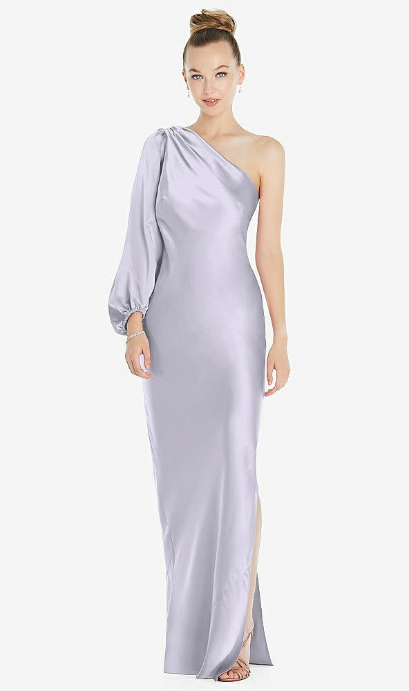 Front View - Silver Dove One-Shoulder Puff Sleeve Maxi Bias Dress with Side Slit