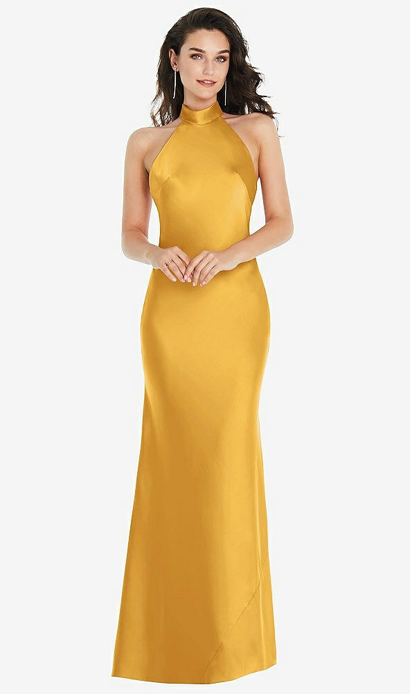 Front View - NYC Yellow Scarf Tie High-Neck Halter Maxi Slip Dress