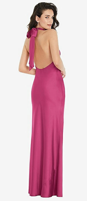 Scarf Tie High-neck Halter Midi Slip Bridesmaid Dress In Tea Rose