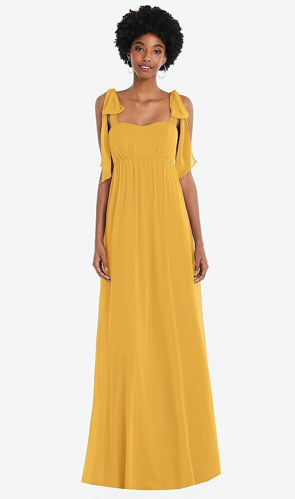 Front View - NYC Yellow Convertible Tie-Shoulder Empire Waist Maxi Dress