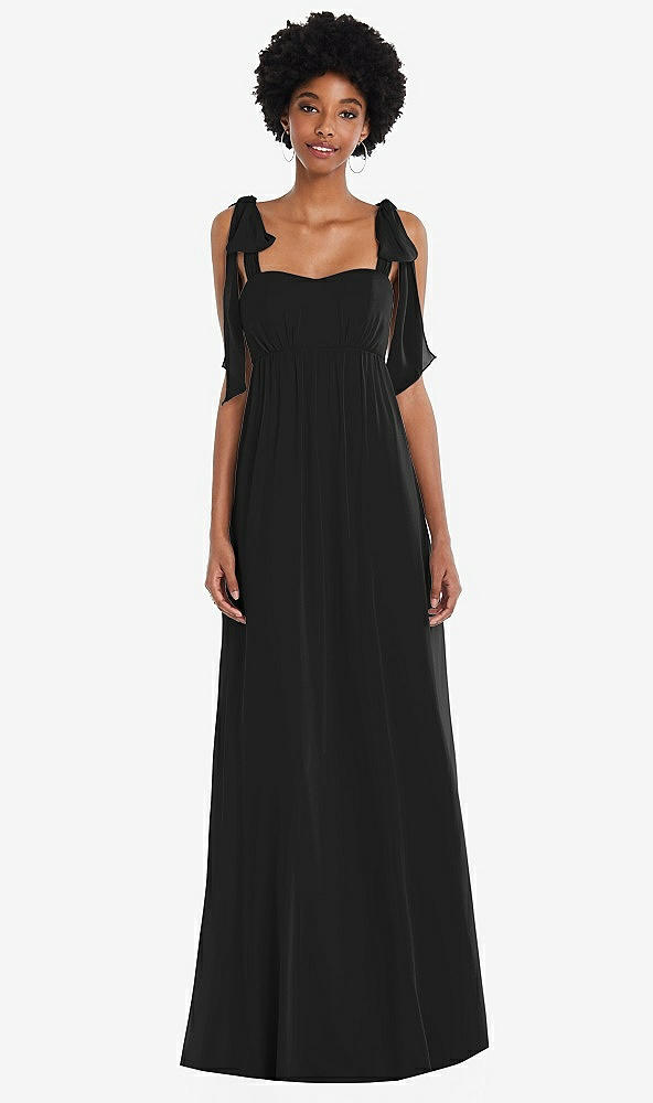 Front View - Black Convertible Tie-Shoulder Empire Waist Maxi Dress