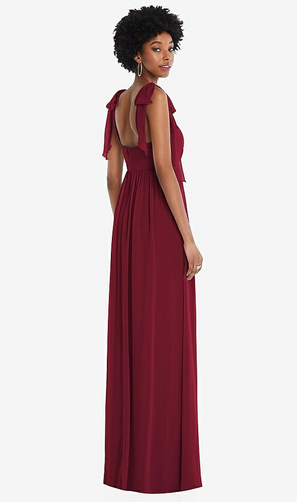 Back View - Burgundy Convertible Tie-Shoulder Empire Waist Maxi Dress