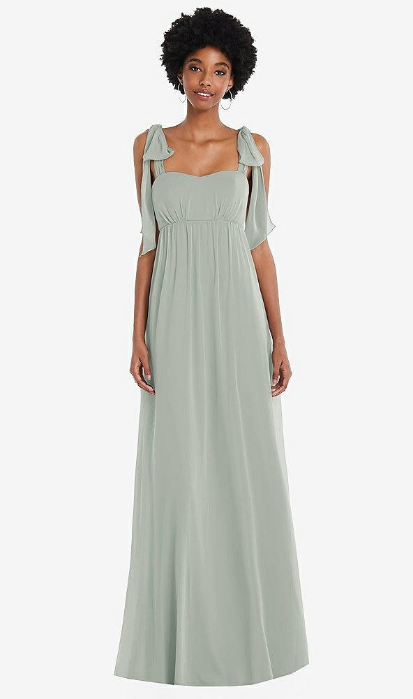Front View - Willow Green Convertible Tie-Shoulder Empire Waist Maxi Dress