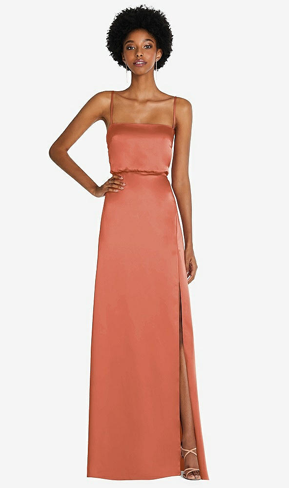 Front View - Terracotta Copper Low Tie-Back Maxi Dress with Adjustable Skinny Straps