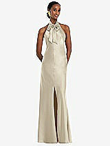 Front View Thumbnail - Champagne Scarf Tie Stand Collar Maxi Dress with Front Slit