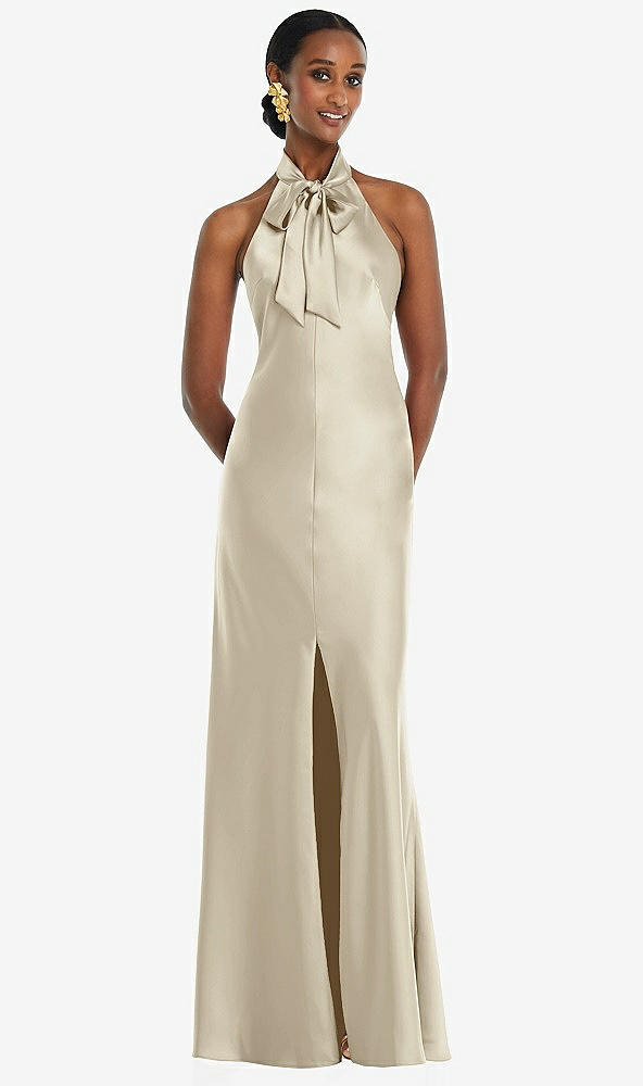 Front View - Champagne Scarf Tie Stand Collar Maxi Dress with Front Slit
