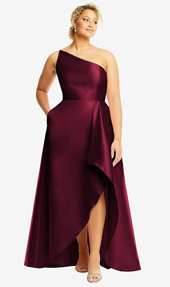 Front View - Cabernet One-Shoulder Satin Gown with Draped Front Slit and Pockets