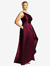Side View Thumbnail - Cabernet One-Shoulder Satin Gown with Draped Front Slit and Pockets