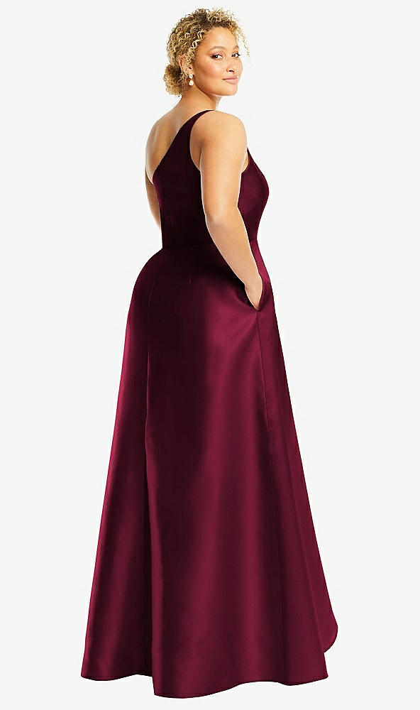 Back View - Cabernet One-Shoulder Satin Gown with Draped Front Slit and Pockets