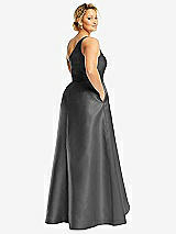 Rear View Thumbnail - Gunmetal One-Shoulder Satin Gown with Draped Front Slit and Pockets