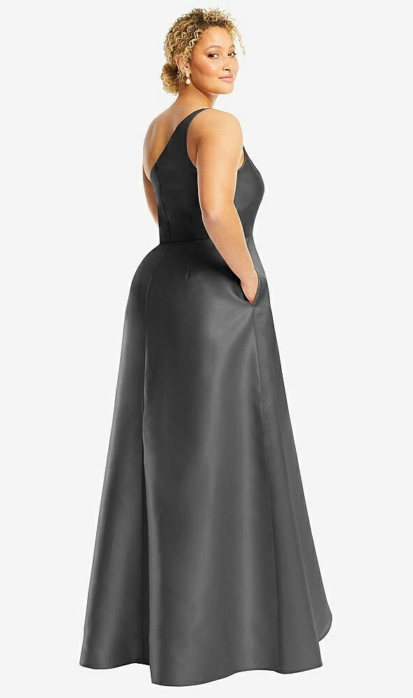 Back View - Gunmetal One-Shoulder Satin Gown with Draped Front Slit and Pockets