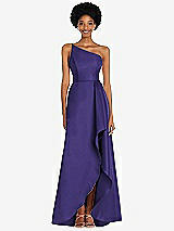Alt View 1 Thumbnail - Grape One-Shoulder Satin Gown with Draped Front Slit and Pockets