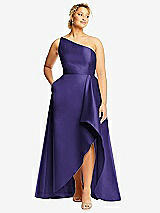Front View Thumbnail - Grape One-Shoulder Satin Gown with Draped Front Slit and Pockets