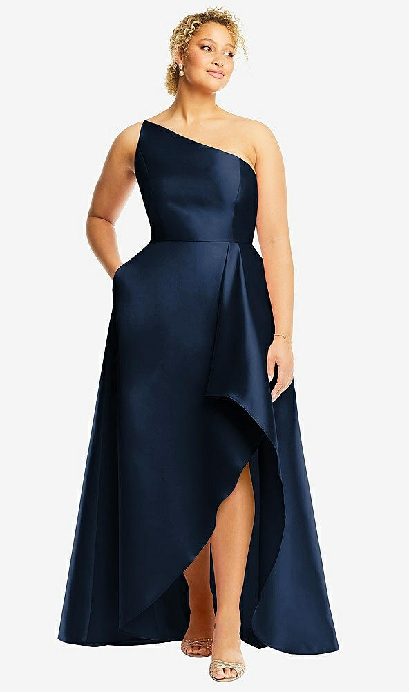 Front View - Midnight Navy One-Shoulder Satin Gown with Draped Front Slit and Pockets