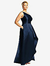 Side View Thumbnail - Midnight Navy One-Shoulder Satin Gown with Draped Front Slit and Pockets