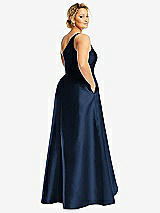 Rear View Thumbnail - Midnight Navy One-Shoulder Satin Gown with Draped Front Slit and Pockets