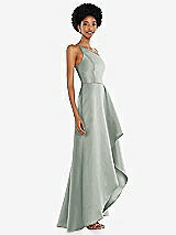 Alt View 2 Thumbnail - Willow Green One-Shoulder Satin Gown with Draped Front Slit and Pockets