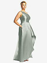 Side View Thumbnail - Willow Green One-Shoulder Satin Gown with Draped Front Slit and Pockets