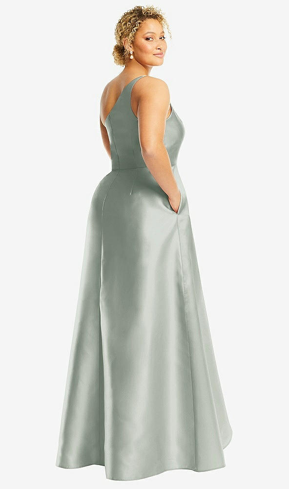 Back View - Willow Green One-Shoulder Satin Gown with Draped Front Slit and Pockets