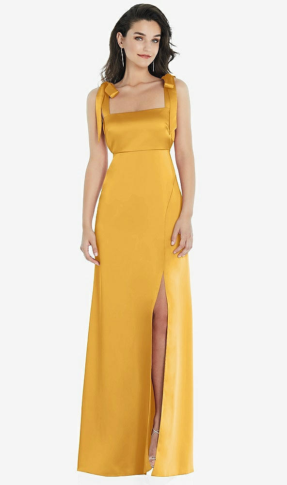 Front View - NYC Yellow Flat Tie-Shoulder Empire Waist Maxi Dress with Front Slit