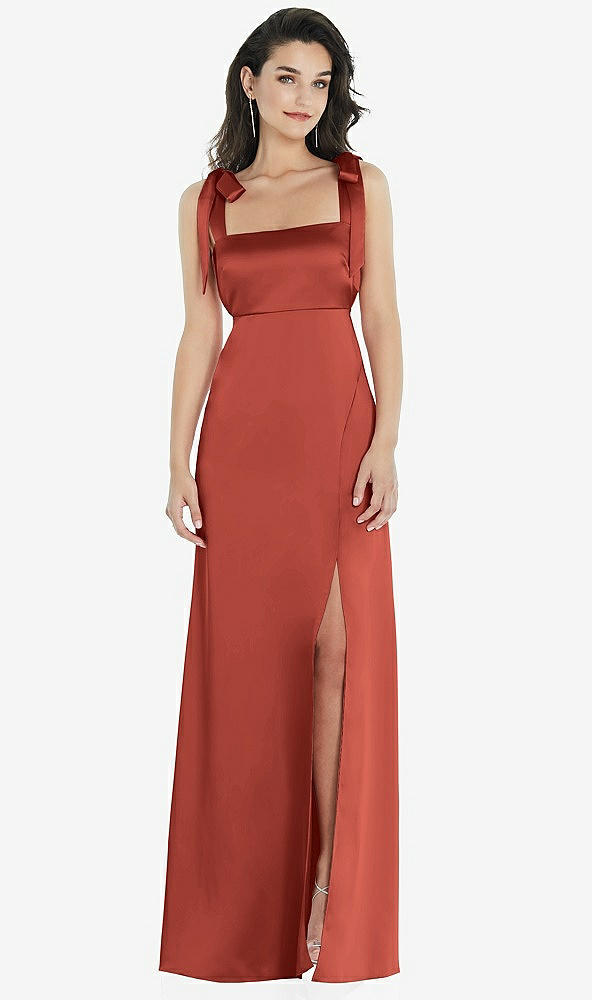 Front View - Amber Sunset Flat Tie-Shoulder Empire Waist Maxi Dress with Front Slit