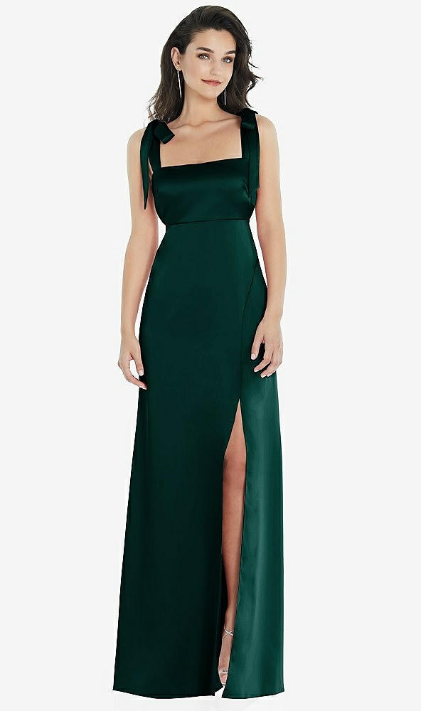 Front View - Evergreen Flat Tie-Shoulder Empire Waist Maxi Dress with Front Slit